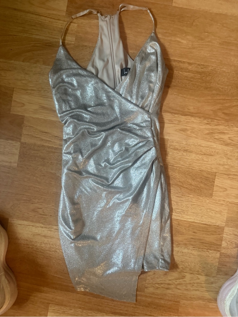 Lulu's Silver Shimmer Wrap Mini Dress